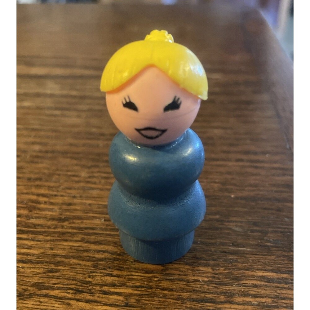 Fisher Price Vintage Little People Woman Mom Blue Outfit Blonde Pony Tail Wood
